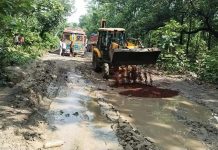 रेपनपली जवळ खड्ड्यात टाकले सूरजागड ची लोहदगड